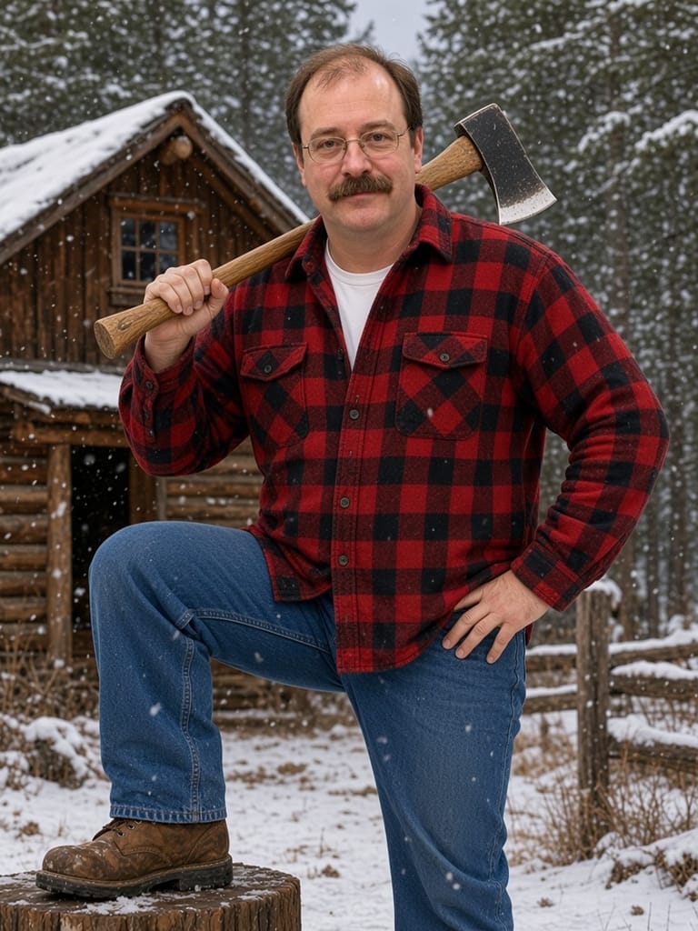 Cal in open buffalo plaid with an axe on his shoulder outside a snowy cabin