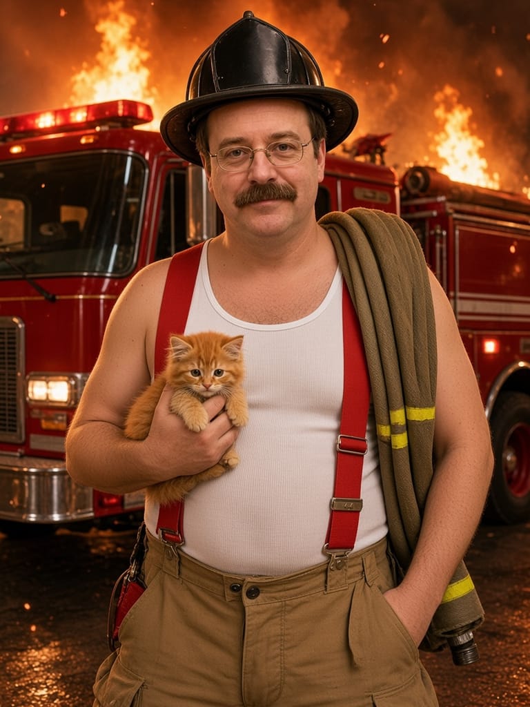 Cal in red suspenders and a fire helmet, cradling a kitten in front of a fire engine