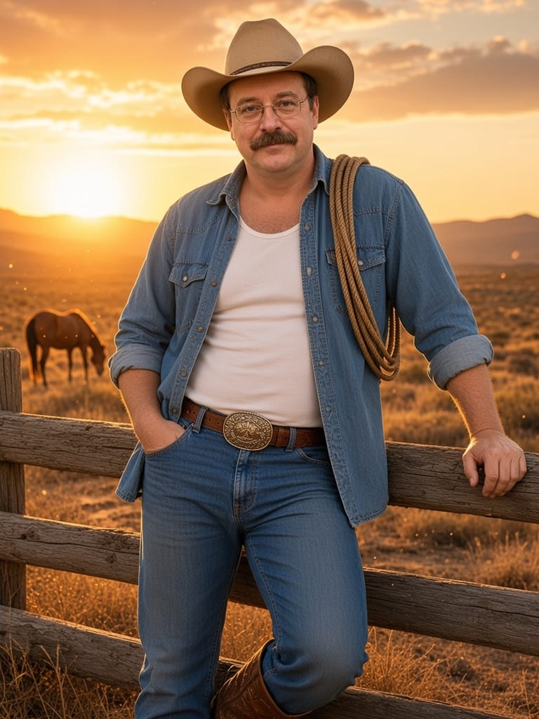 Cal in a cowboy hat and open denim shirt, leaning on a ranch fence at sunset