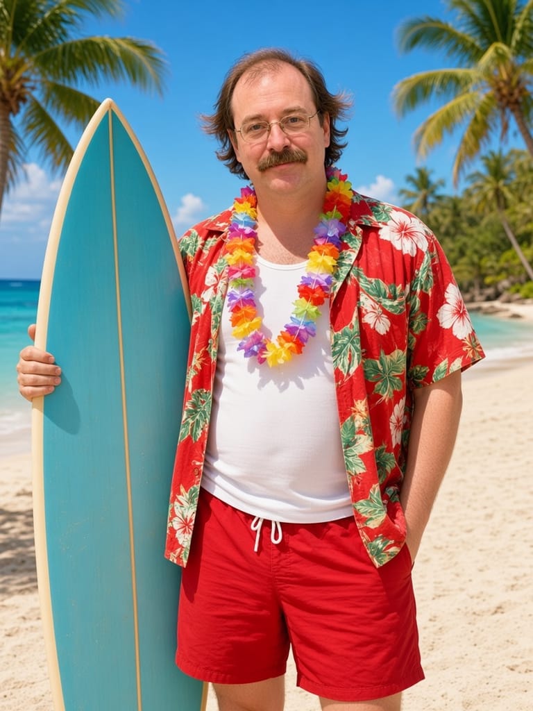Cal in a Hawaiian shirt and a lei, holding a surfboard on a tropical beach