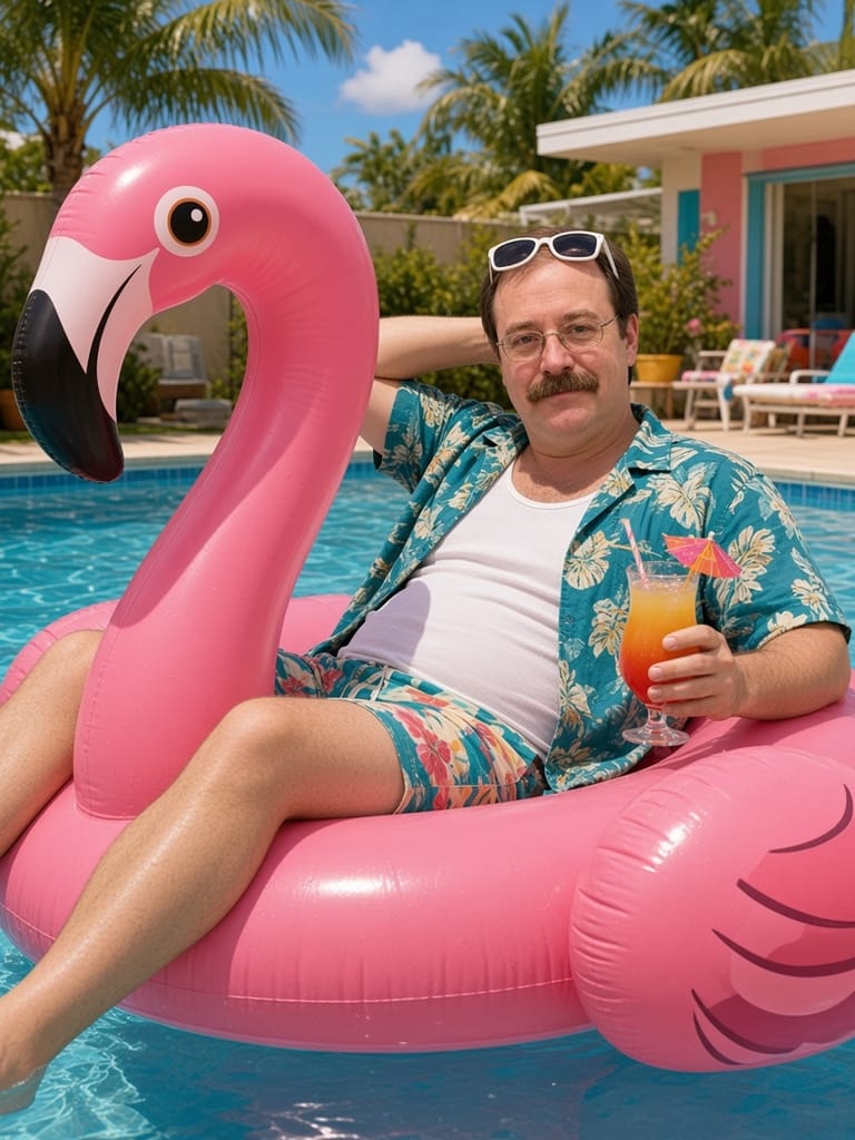 Cal lounging on a pink flamingo float with a tropical drink