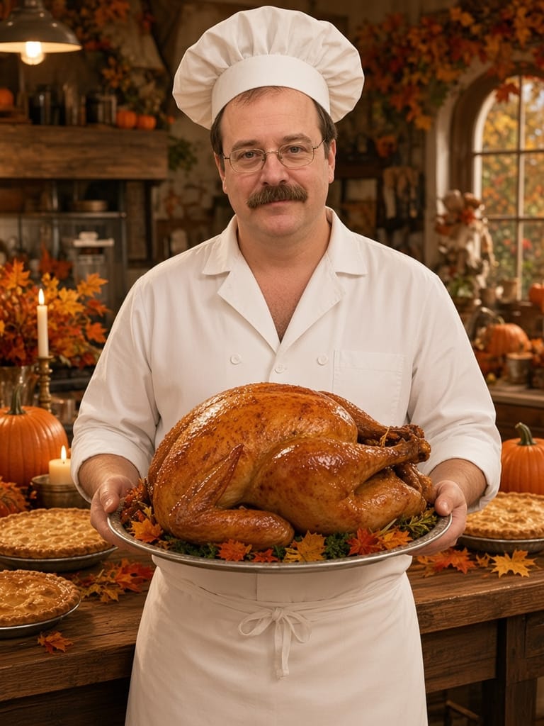 Cal in chef's whites presenting a giant roast turkey