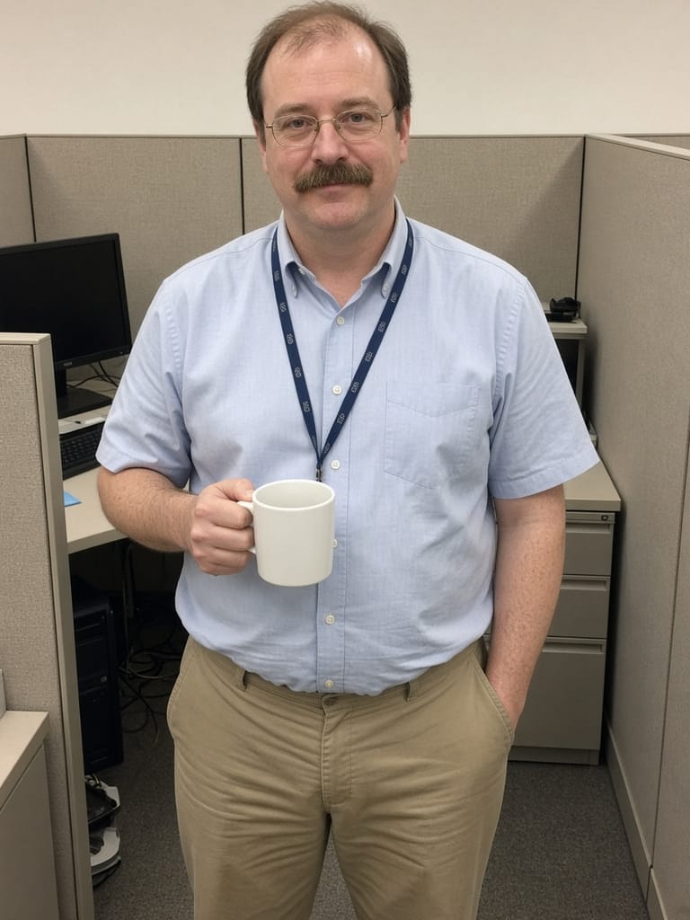 Cal in his office cubicle holding a coffee mug, looking completely ordinary
